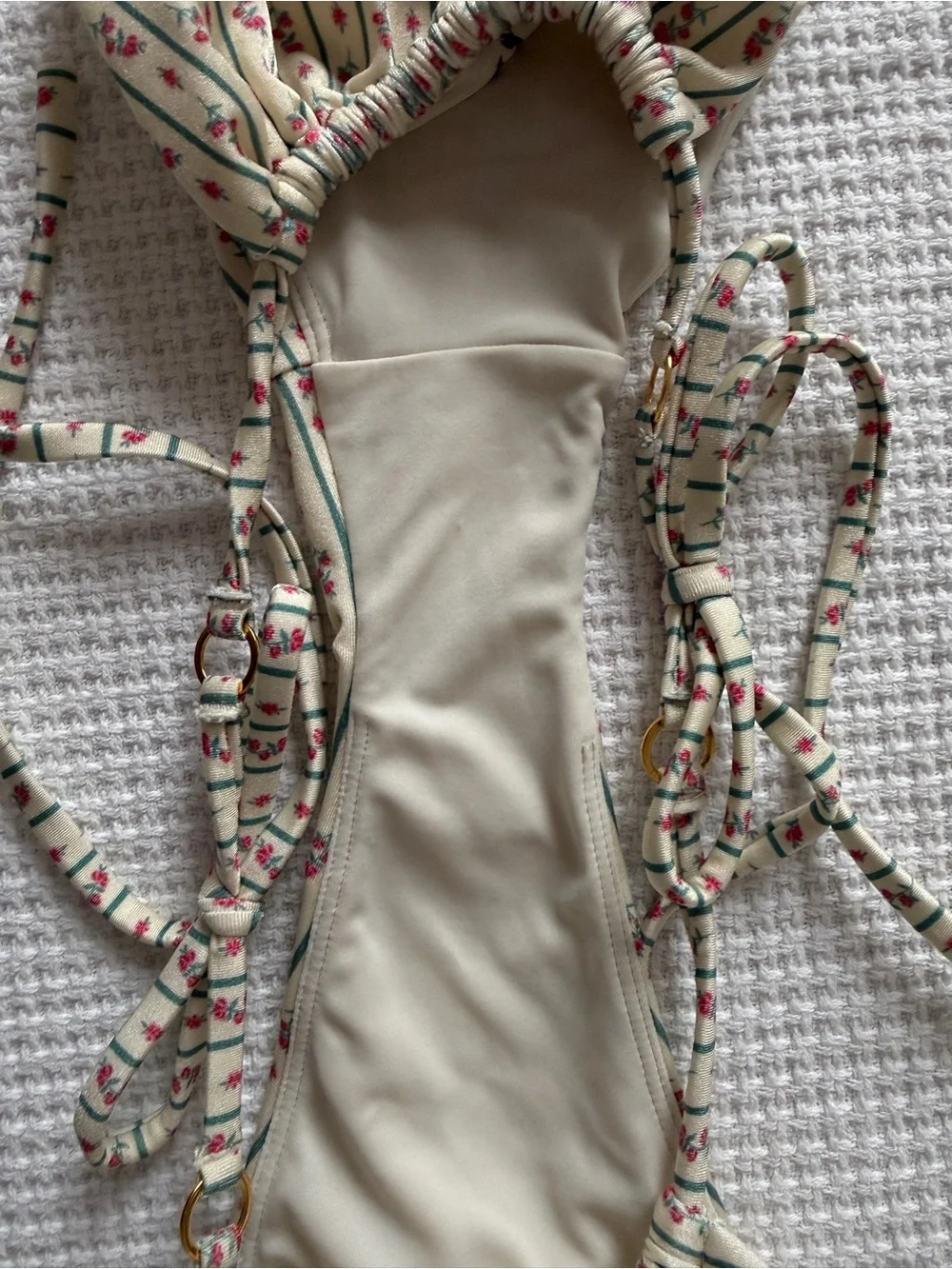 Women’s White Floral Stripe Tie-Side Bikini Like New - Picture 7 of 7